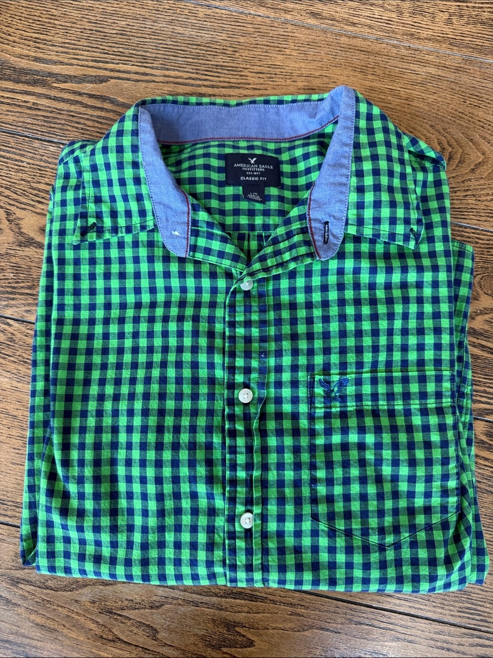 American Eagle Outfitters Blue & Green Gingham Long Sleeve Button-Down Shirt